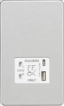 KnightsBridge Shaver socket with dual USB A+C (5V DC 2.4A shared) - brushed chrome with white insert