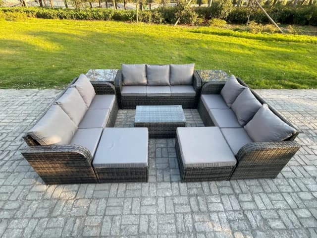 Fimous Outdoor Garden Furniture Sets 11 Seater Wicker Rattan Furniture Sofa Sets with Rectangular Coffee Table 3 Seater Sofa 2 Side Tables Footstool D