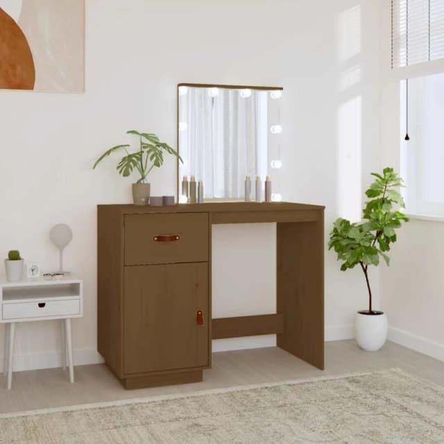 vidaXL Dressing Table with LED Honey Brown 95x50x133.5cm Solid Wood Pine, Brown 820095