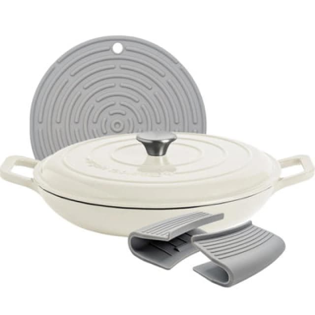 Argon Tableware Shallow Cast Iron Casserole Dish - 2.3L Enamel Finish, Oven Safe Dutch Oven Cookware With Lid