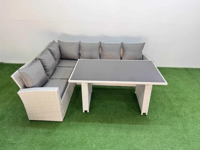 Fimous 6 Seater Wicker Rattan Corner Sofa Sets with Dining Table Light Grey Light Grey Unisex