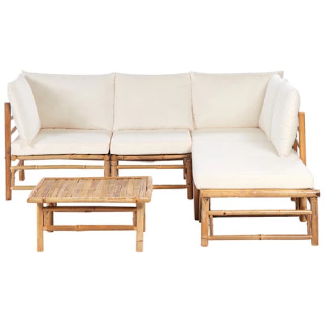Beliani Garden Corner Sofa With Table 5 Seater Cerreto Left Hand Bamboo Wood Off-White