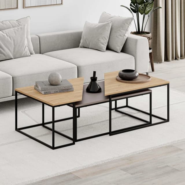 Decortie Modern Ohlady Coffee Table Mocha Grey-Oak 3 Piece Centre Table 110(W)Cm Metal Frame Legs Living Room