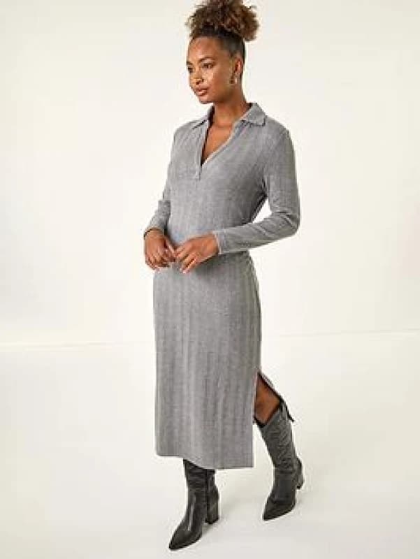 Roman Womens Collar Ribbed Knit Miid Dress in Grey Size: 18 Grey Female 18