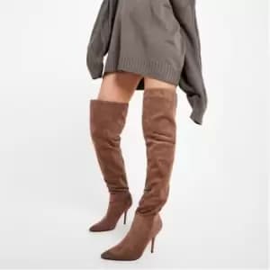 I Saw It First Faux Suede Pointed Toe Stiletto Thigh High Boot - Brown