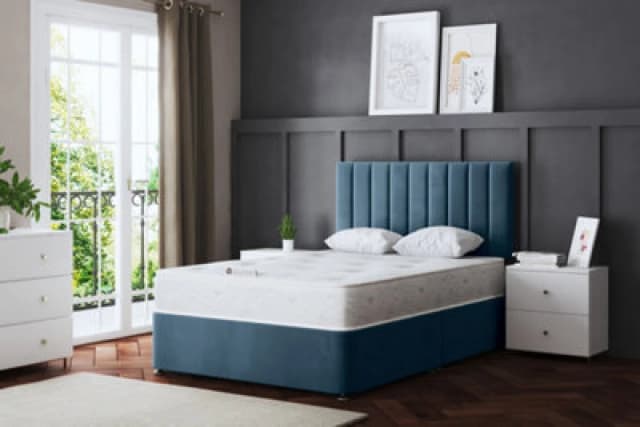 DS Living Amelia Upholstered Divan Bed Metallic Blue Panel with Headboard Double, Blue A_SON_DBL_BLU