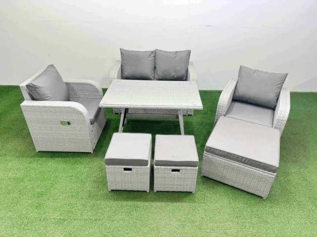 Fimous PE Wicker Rattan Garden Furniture Set Reclining Chairs Love Sofa in Light Grey Light Grey Unisex