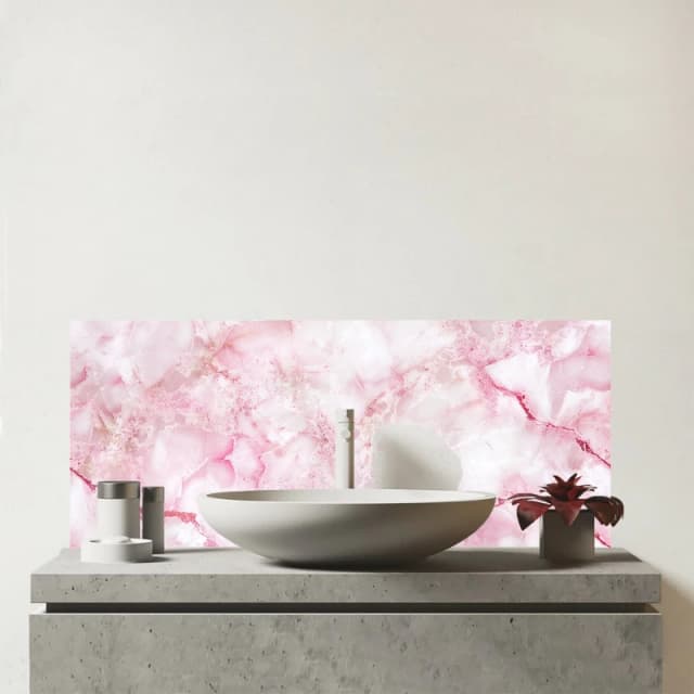 Warren Reed - Designer Pink & White Quartz Effect Glass Bathroom Splashback Pink Unisex