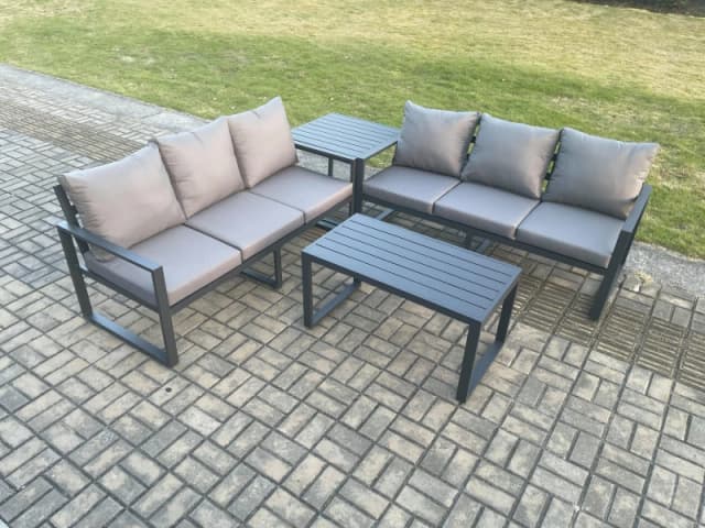 Fimous Aluminium 4 Pieces Outdoor Garden Furniture Lounge Sofa Set with Oblong Coffee Table Side Table Dark Grey Dark Grey Unisex