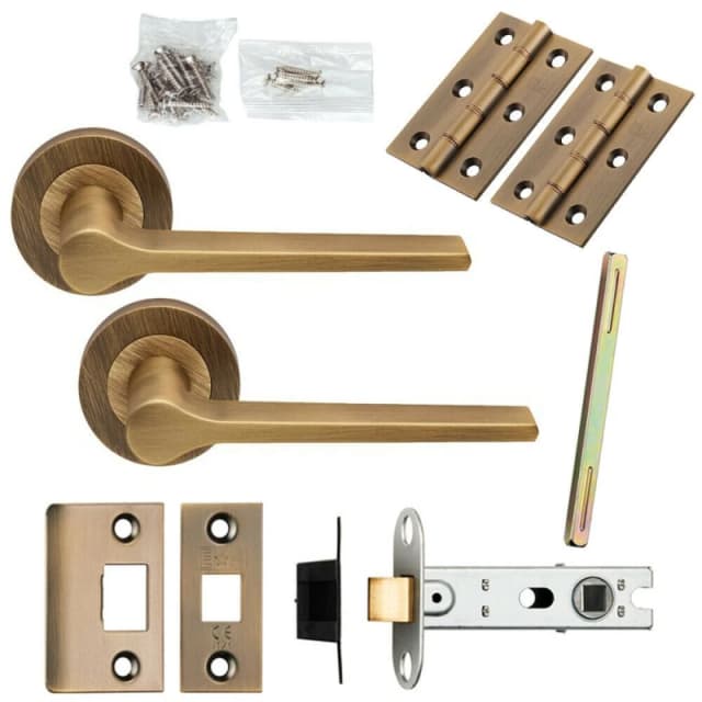 Loops Door Handle & Latch Pack Antique Brass Rounded Lever Screwless Round Rose Metallics