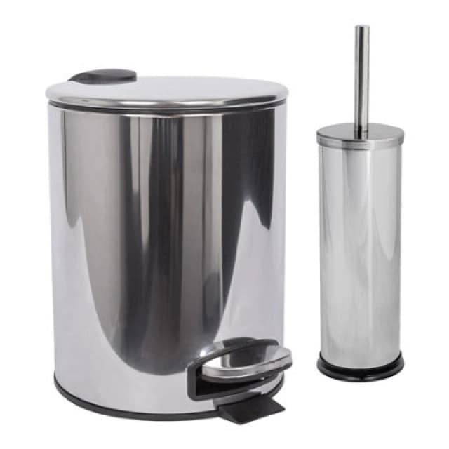 Harbour Housewares Bathroom Bin & Toilet Brush Set - 5L - Chrome - Round Stainless Steel Slim Trashcan Rubbish Bin & Brush
