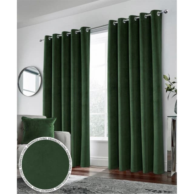 Enhanced Living Velvet, Supersoft, 100% Blackout, Thermal Pair of Curtains with Eyelet Top - Green Green