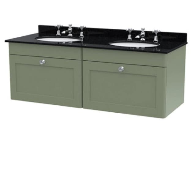 NUIE Classique Satin Green 1200mm Wall Hung 2 Drawer Vanity Unit with Black Marble Countertop and 2 Round Basins with 6 Tap Holes - CLC894BR6 - Nuie C
