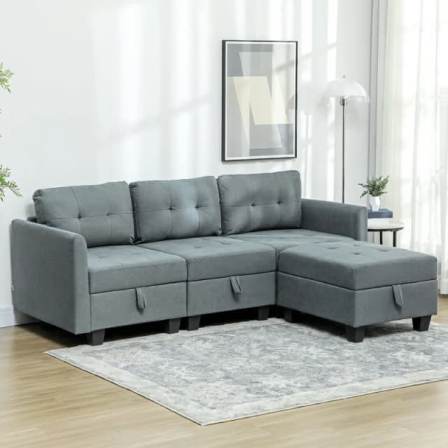 HOMCOM Convertible Modular Sectional Sofa w/ Storage Wood Frame Dark Grey Dark Grey
