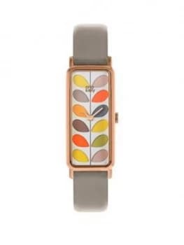 Orla Kiely Colourful Stem Print Rectangular Dial Grey Leather Strap Ladies Watch, One Colour, Women