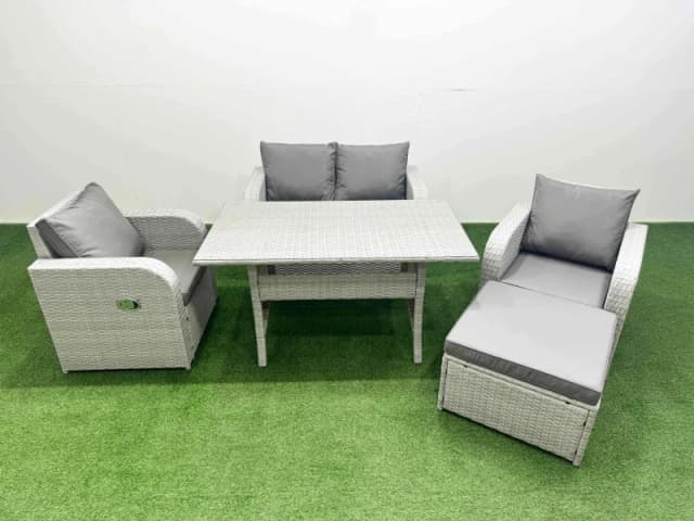 Fimous Light Grey PE Wicker Rattan Garden Furniture Set Sofa Set Reclining Chair Rectangular Dining Table 5 Seater With Footstool Light Grey