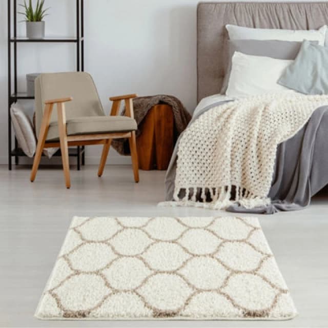 THE RUGS Soft Trellis Shaggy Rugs & Runners Ivory & Beige Living Room Size: 120cm x 120cm Beige Unisex 120cm x 120 cm