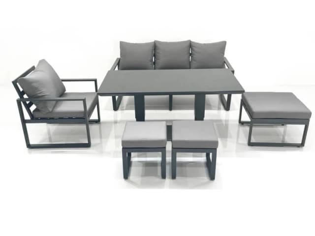 Fimous Outdoor Aluminium Garden Furniture Set with Adjustable Rising Lifting Dining Table 3 Seater Sofa Chair 3 Footstools Dark Grey Dark Grey Unisex