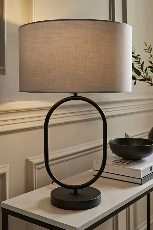 ValueLights ValueLights Antonia Fabric Drum Lamp Shade Matte Black Oval Table Lamp in Grey Grey One Size Unisex 5059406064913