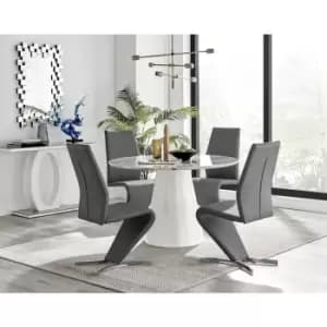 Furniturebox Palma White Marble Effect 120cm Round Minimalist Dining Table & 4 Grey Willow Silver Feet Faux Leather Chairs
