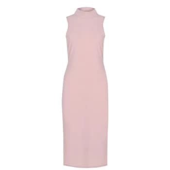 Fabric Brushed Soft Rib Slit Detail Midi Dress - Nude