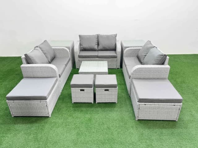 Fimous PE Rattan Love Sofa Set with Coffee Table 4 Footstools 2 Side Tables in Light Grey Light Grey Unisex