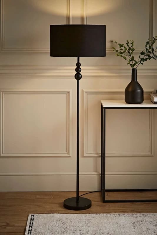 ValueLights Marissa Fabric Drum Shade with Black Stacked Ball Floor Lamp Black