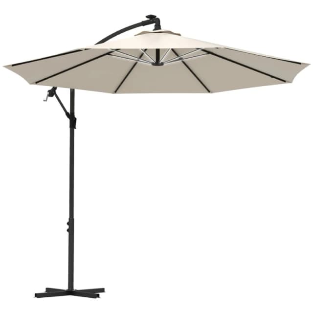 Outsunny 3(m) LED Patio Banana Umbrella Cantilever Parasol W/ Crank, Beige, Cream 84D-066V01BG