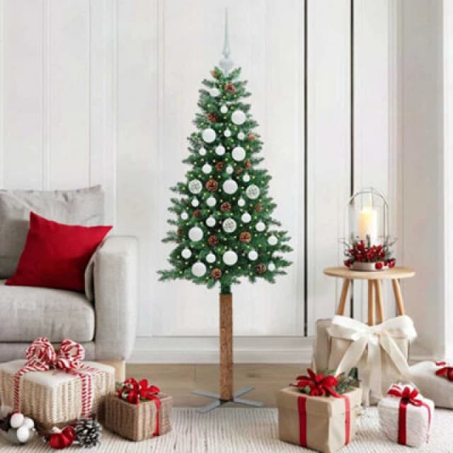 vidaXL Slim Christmas Tree with White Balls Green 150cm PVC and Solid Pine wood, Green 3394854