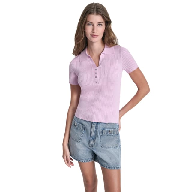 DKNY Jeans Short Sleeve Rib Polo W/ Logo Rhinestone Buttons Pink Lavendar female 8 (XS)