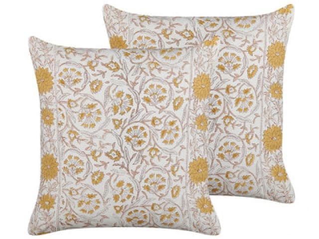Beliani Set Of 2 Decorative Cushions Calathea Cotton 45 X 45cm Yellow Floral Pattern