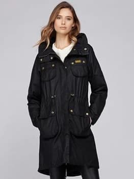 Barbour International Monza Faux Fur Lined Hood Wax Coat - Black, Size 14, Women