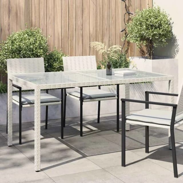 VIDAXL Garden Table 150x90x75cm Tempered Glass and Poly Rattan White Vidaxl 8720286666456