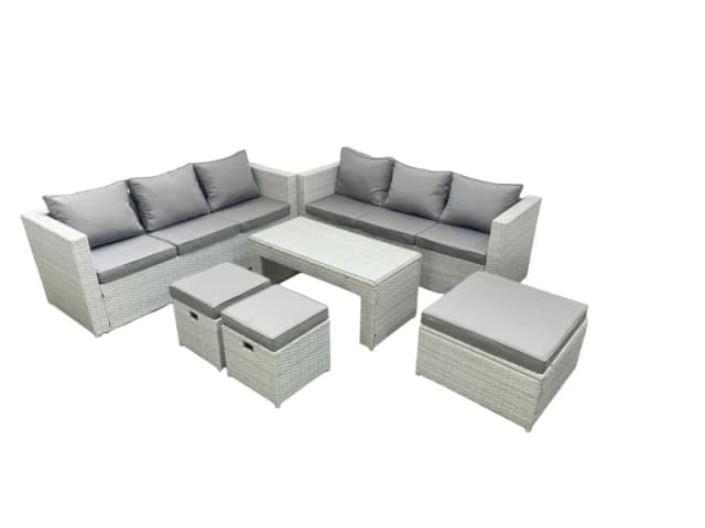 Fimous 9 Seater Garden Outdoor Rattan Furniture Set Rattan Garden Sofa Oblong Coffee Table with 3 Footstools Light Grey Mixed Light Grey