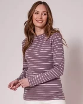 Cotton Traders Womens Wrinkle Free Long Sleeve Stripe Turtleneck in Purple