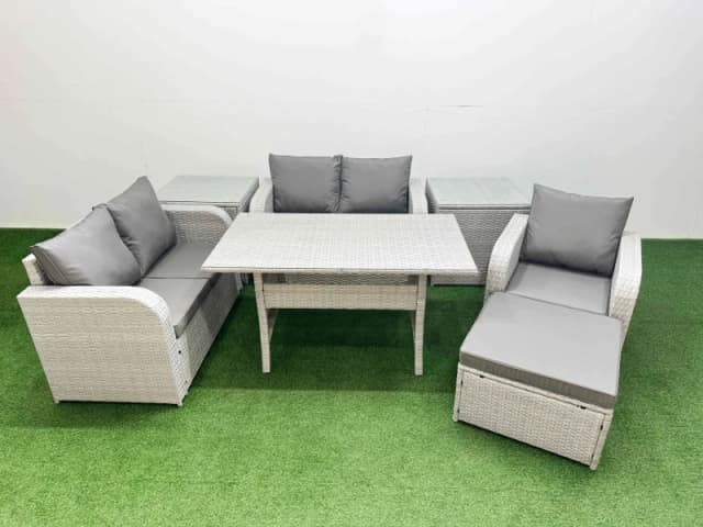 Fimous High Back Poly Rattan Garden Furniture Set with Reclining Chair Loveseat Sofa Rectangular Dining Table Indoor Outdoor Patio Set Big Stool 2 Si