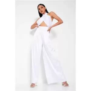 I Saw It First White Satin Crossover Halterneck Wide Leg Jumpsuit - White