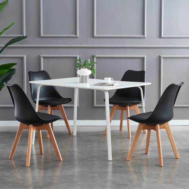 MCC Direct Set of 4 Dining Chairs with Solid Wooden Legs and Padded Seat Cushions Eva Black