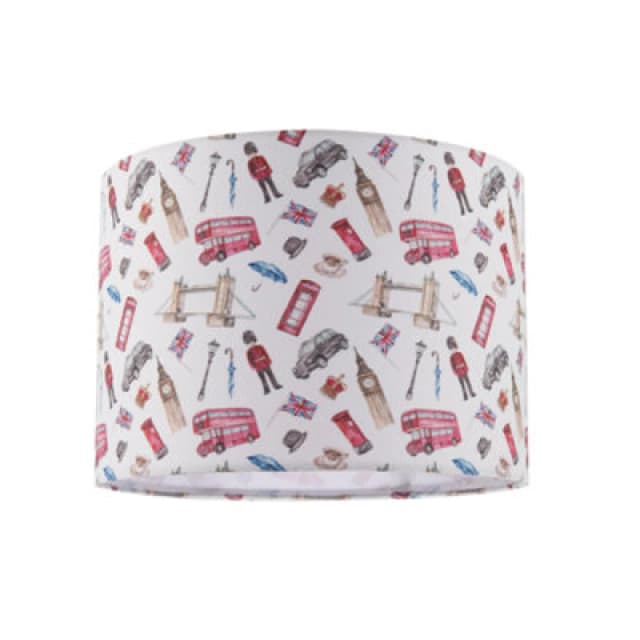 Happy Homewares London Themed Cotton Lamp Shade With Red Buses Post Boxes Black Taxis