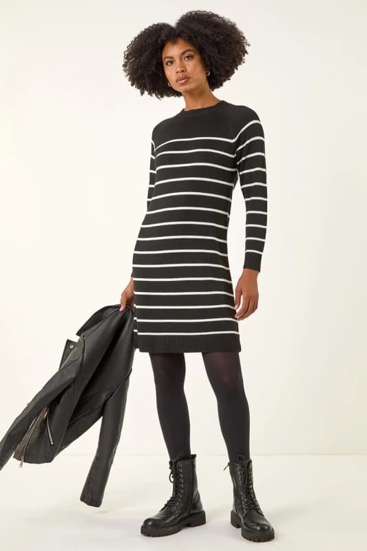 Roman Womens Stripe Print Knitted Jumper Dress in Black Size: 14 Black Female 14