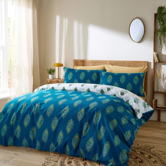Their Nibs Peacock Feather Cotton Reversible Duvet Cover Set Teal Green unisex Double