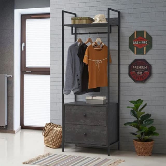 Zahra Open Wardrobe With 2 Drawers In Black With Metal Frame