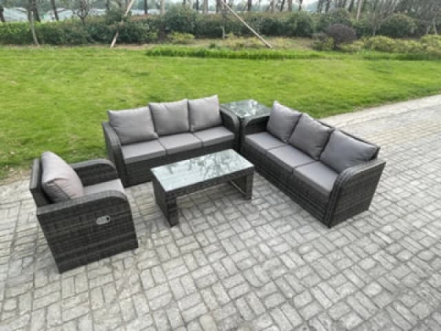 Fimous 7 Seater Wicker PE Rattan Sofa Set Outdoor Patio Garden Furniture Set with Side Table Reclining Chairs Coffee Table Dark Grey