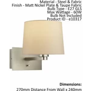 Wall Light & Shade Matt Nickel & Taupe Fabric 60W E27 USB Socket e10317