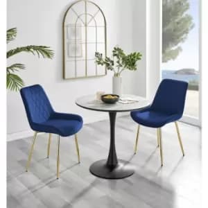 Furniturebox UK - Furniturebox Elina White Marble Effect Modern 80cm Round Dining Table & 2 Navy Pesaro Gold Leg Velvet Chairs