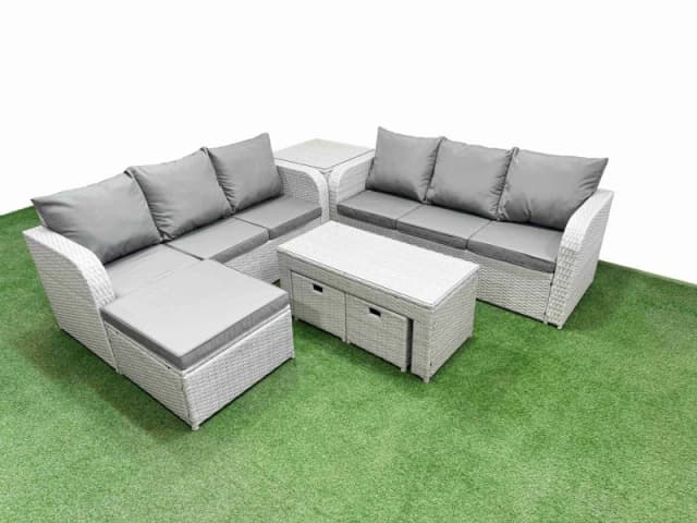 Fimous Outdoor Garden Furniture Sets 9 Seater Wicker Rattan Furniture Sofa Sets with Oblong Coffee Table high Back Lounge Sofa 3 Stools Side Table Lig