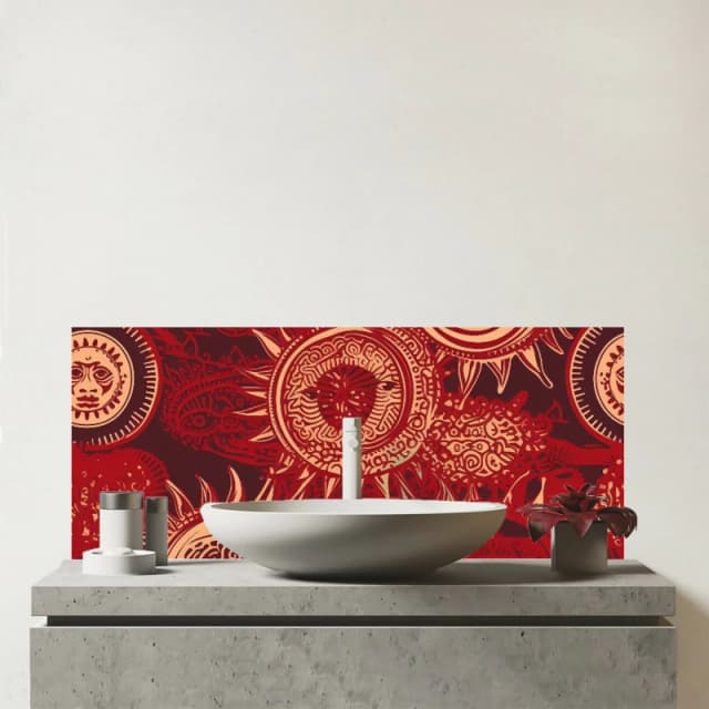 Warren Reed - Designer Abstract Red Moon & Sun Glass Bathroom Splashback Red Unisex