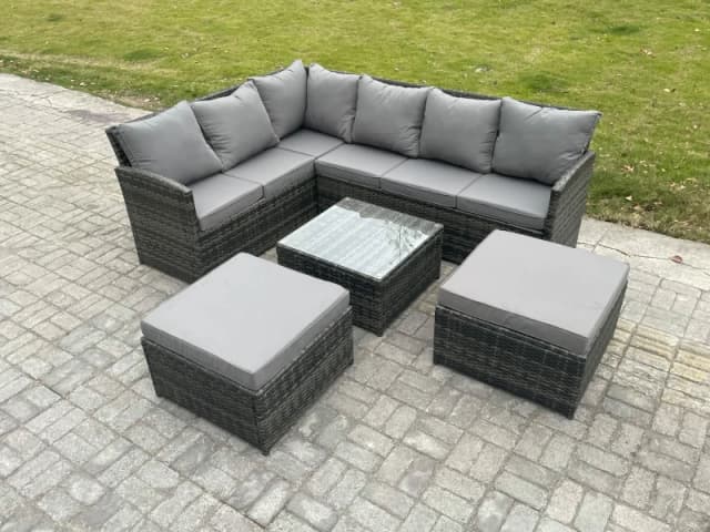 Fimous 8 Seater Outdoor Garden Furniture Set Wicker PE Rattan Corner Sofa Set with Square Coffee Table 2 Big Footstool Dark Grey Mixed Dark Grey