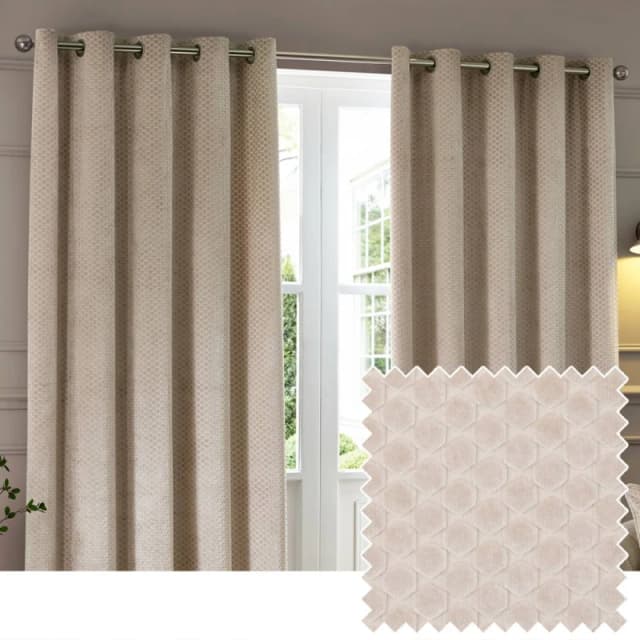Paoletti Neptune Fully Lined Velvet Eyelet Curtain Pair in Beige Size: 168cm width x 137cm drop Beige Unisex 168cm width x 137cm drop