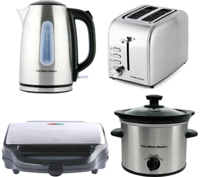 HAMILTON BEACH Rise Jug Kettle, 2-Slice Toaster, Sandwich Toaster & Slow Cooker Bundle - Silver/Grey 5060916373471